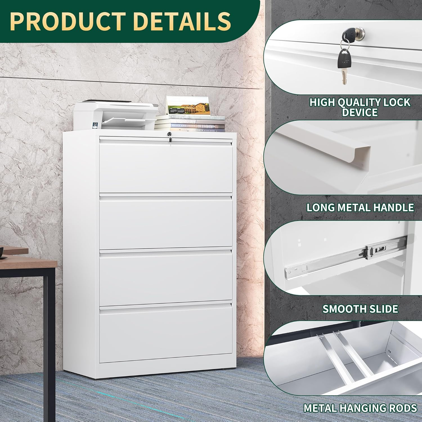 4 Drawer Lateral File Cabinet with Lock, Metal File Cabinets for Home Office, Steel Heavy-Duty Filing Storage Cabinet for Letters/Legal/A4 (Require Assembly, White)