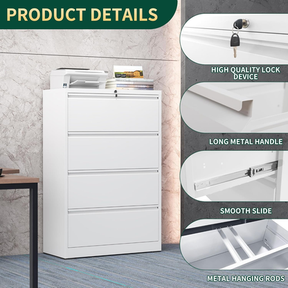 4 Drawer Lateral File Cabinet with Lock, Metal File Cabinets for Home Office, Steel Heavy-Duty Filing Storage Cabinet for Letters/Legal/A4 (Require Assembly, White)