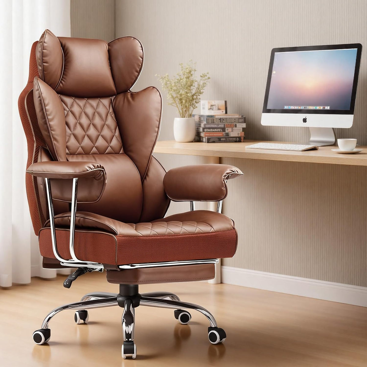 Big and Tall Office Chair, High Back Leather Gaming Chair with Footrest, Executive Ergonomic Office Chairs with Pocket Spring Lumbar Support and with Outward Fixed Soft Armrests