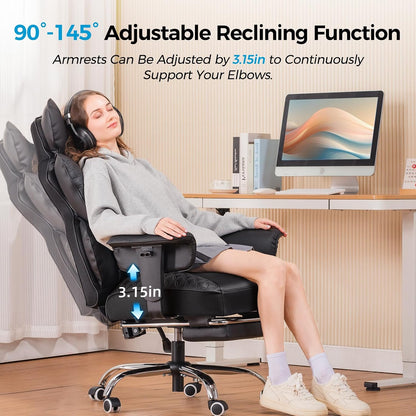 Big and Tall Office Chair Heavy Duty Wide Ergonomic Gaming Chair with Deluxe Embossing Designed Leather with Foot Rest, 145°Reclining Adjustable Armrests Pocket Spring Back Support and Pillow