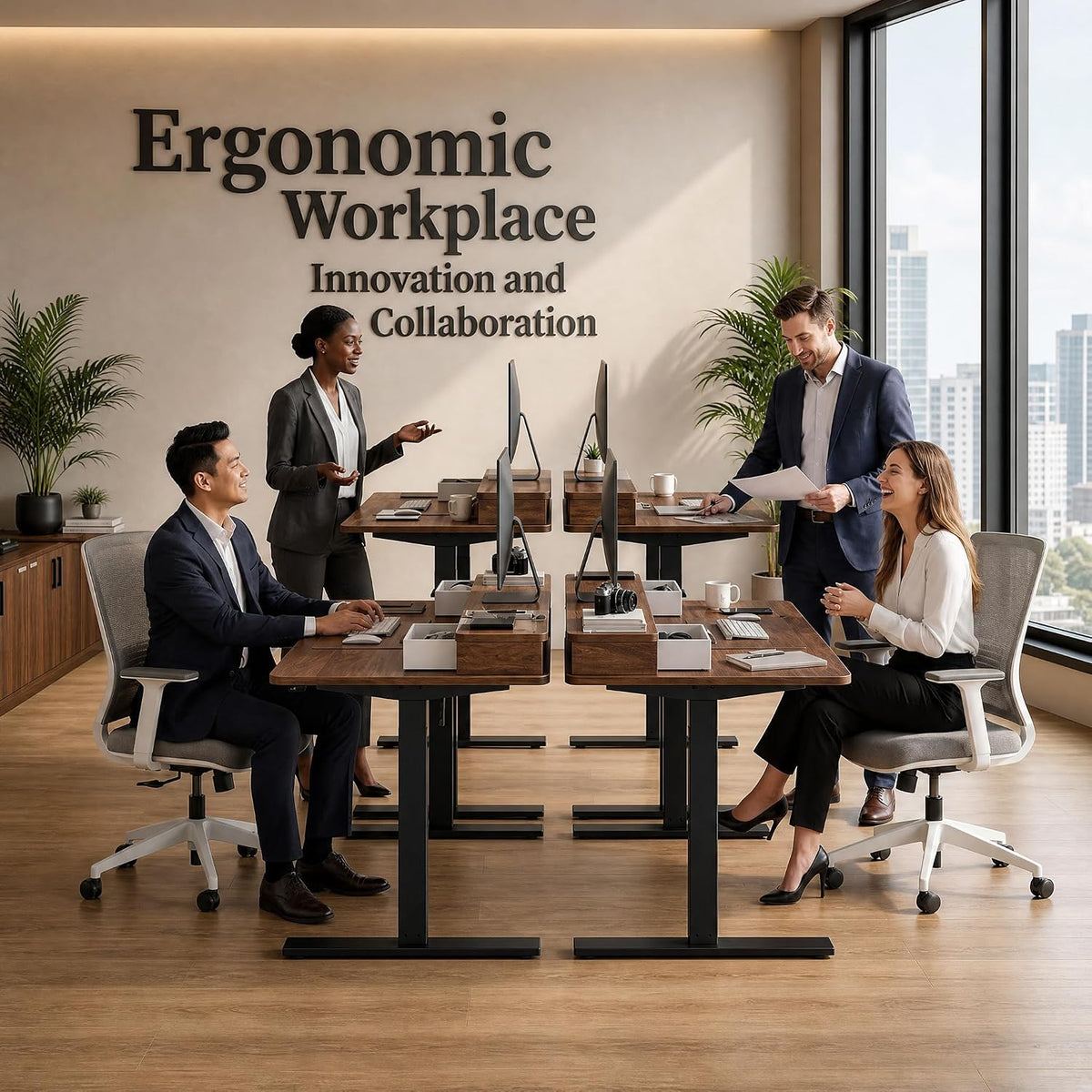Electric Standing Desk with Two Drawers, Sit to Stand up Height Adjustable Desk with Storage Shelf for Home Office, 47 * 24 Inch, Study, Ergonomic Adjustable Computer Desk, Walnut