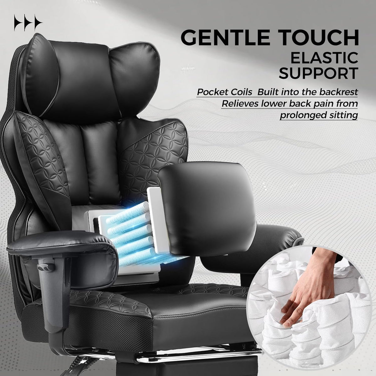 Big and Tall Office Chair Heavy Duty Wide Ergonomic Gaming Chair with Deluxe Embossing Designed Leather with Foot Rest, 145°Reclining Adjustable Armrests Pocket Spring Back Support and Pillow