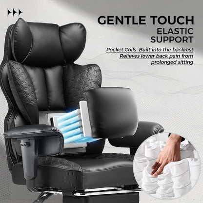 Big and Tall Office Chair Heavy Duty Wide Ergonomic Gaming Chair with Deluxe Embossing Designed Leather with Foot Rest, 145°Reclining Adjustable Armrests Pocket Spring Back Support and Pillow