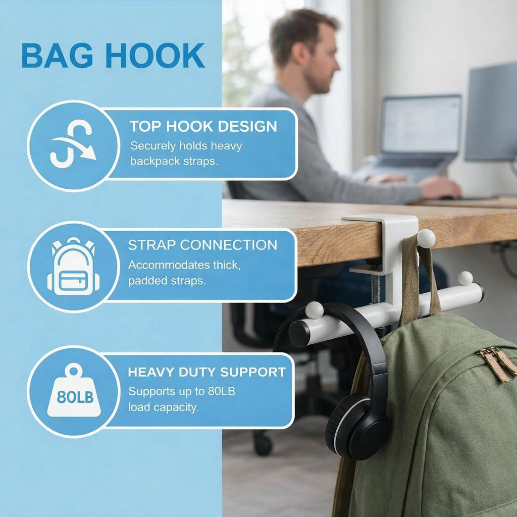 Desk Bag Hook, Bag Hook for Desk, Backpack Hook for Desk, Bag Holder Clamp