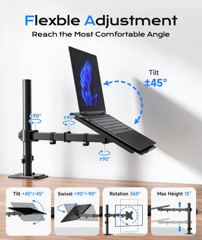 Single Laptop Notebook Desk Mount with Tray for 13-27 Inch Computer Screen, Fully Adjustable Laptop Desk Arm for Notebook up to 17’’, Weight up to 15.6 Lbs