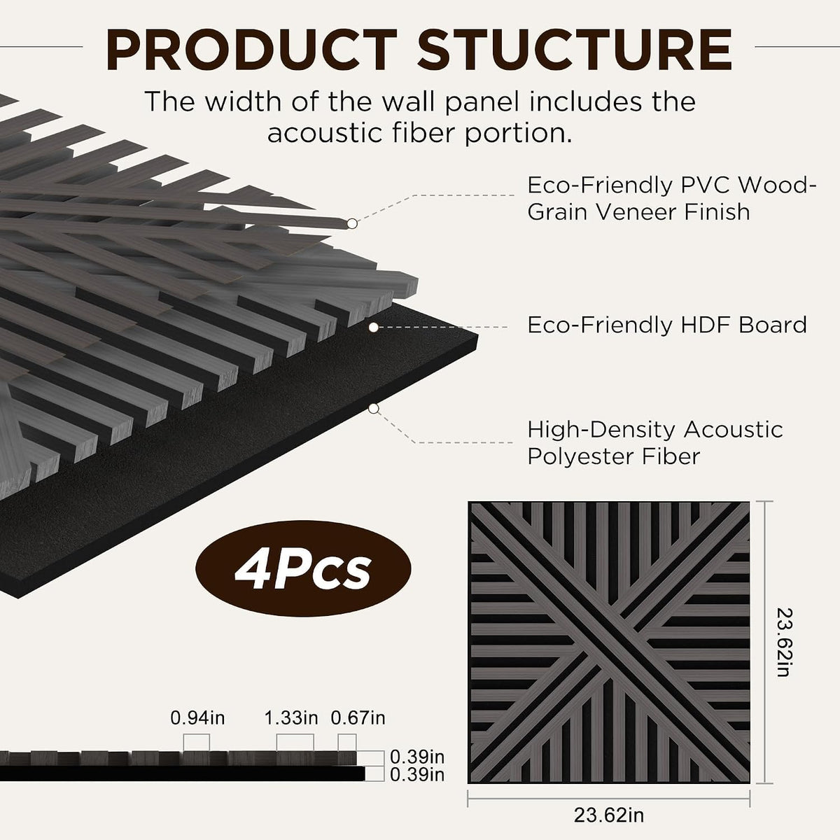 Acoustic Wall Panels, Decorative Acoustic Panels for Walls 23.6"X23.6", Sound Absorbing Wood Wall Panels for Interior Wall Decor, PVC Wood Grain HDF Acoustic Panels (Dark Grey, 4 Pack)