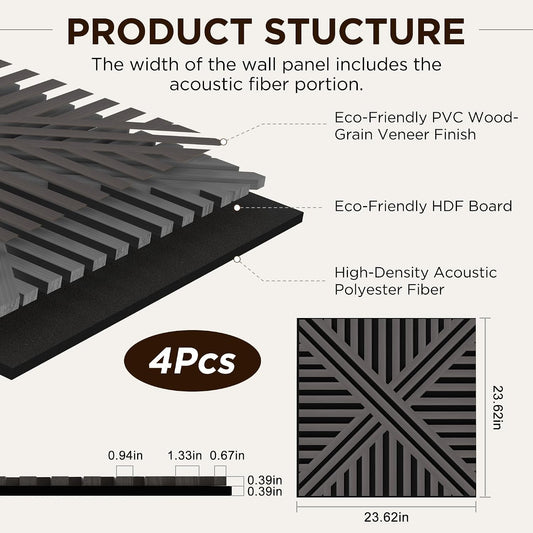 Acoustic Wall Panels, Decorative Acoustic Panels for Walls 23.6"X23.6", Sound Absorbing Wood Wall Panels for Interior Wall Decor, PVC Wood Grain HDF Acoustic Panels (Dark Grey, 4 Pack)