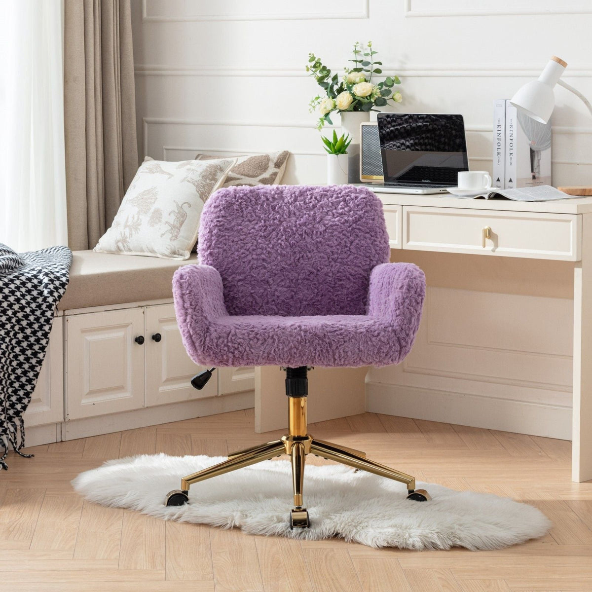 Artificial Rabbit Hair Office Chair with Metal Base - Swivel, Adjustable Height