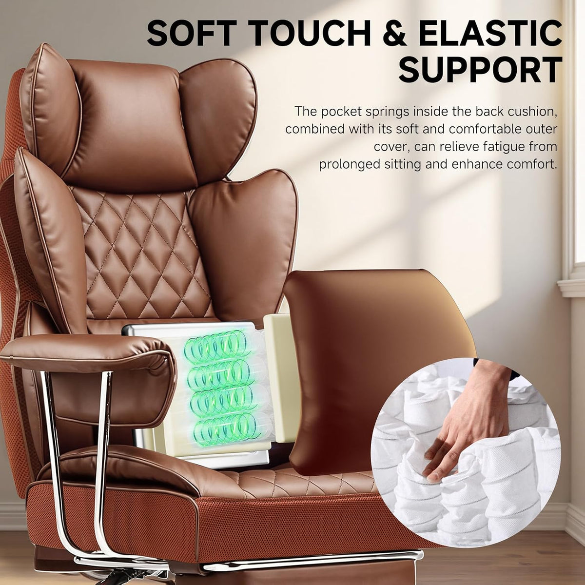 Big and Tall Office Chair, High Back Leather Gaming Chair with Footrest, Executive Ergonomic Office Chairs with Pocket Spring Lumbar Support and with Outward Fixed Soft Armrests