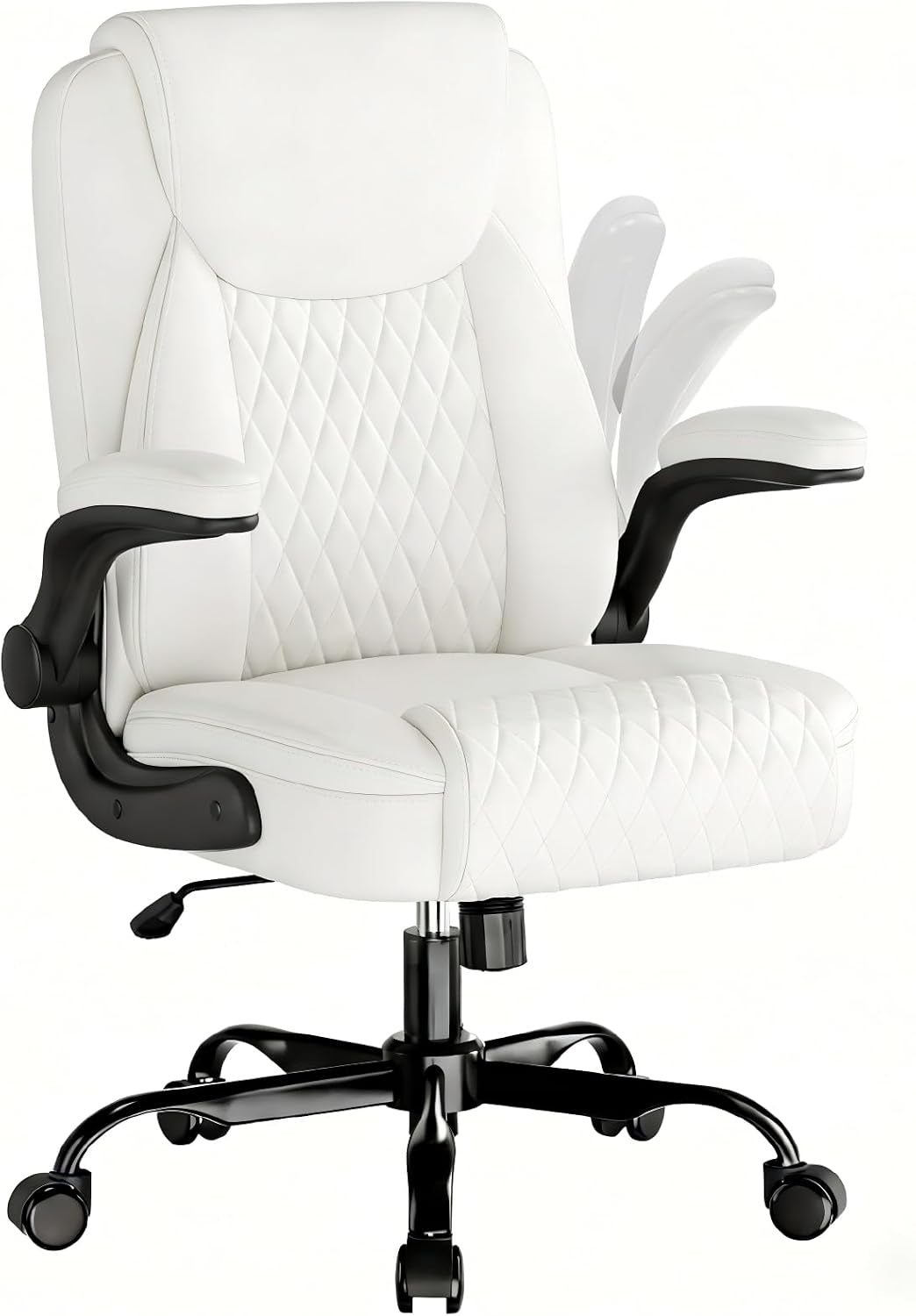 Comfy Office Chair, Home Desk Chair with Flip-Up Armrests and Ergonomic Back - Heavy Duty PU Leather Executive Chair for Office Gaming, White