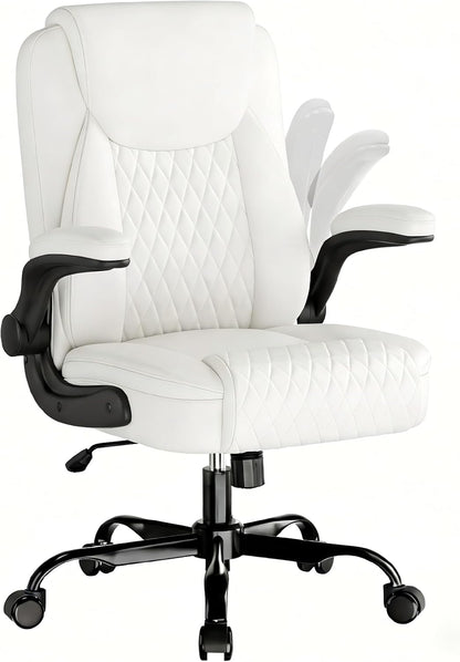 Comfy Office Chair, Home Desk Chair with Flip-Up Armrests and Ergonomic Back - Heavy Duty PU Leather Executive Chair for Office Gaming, White