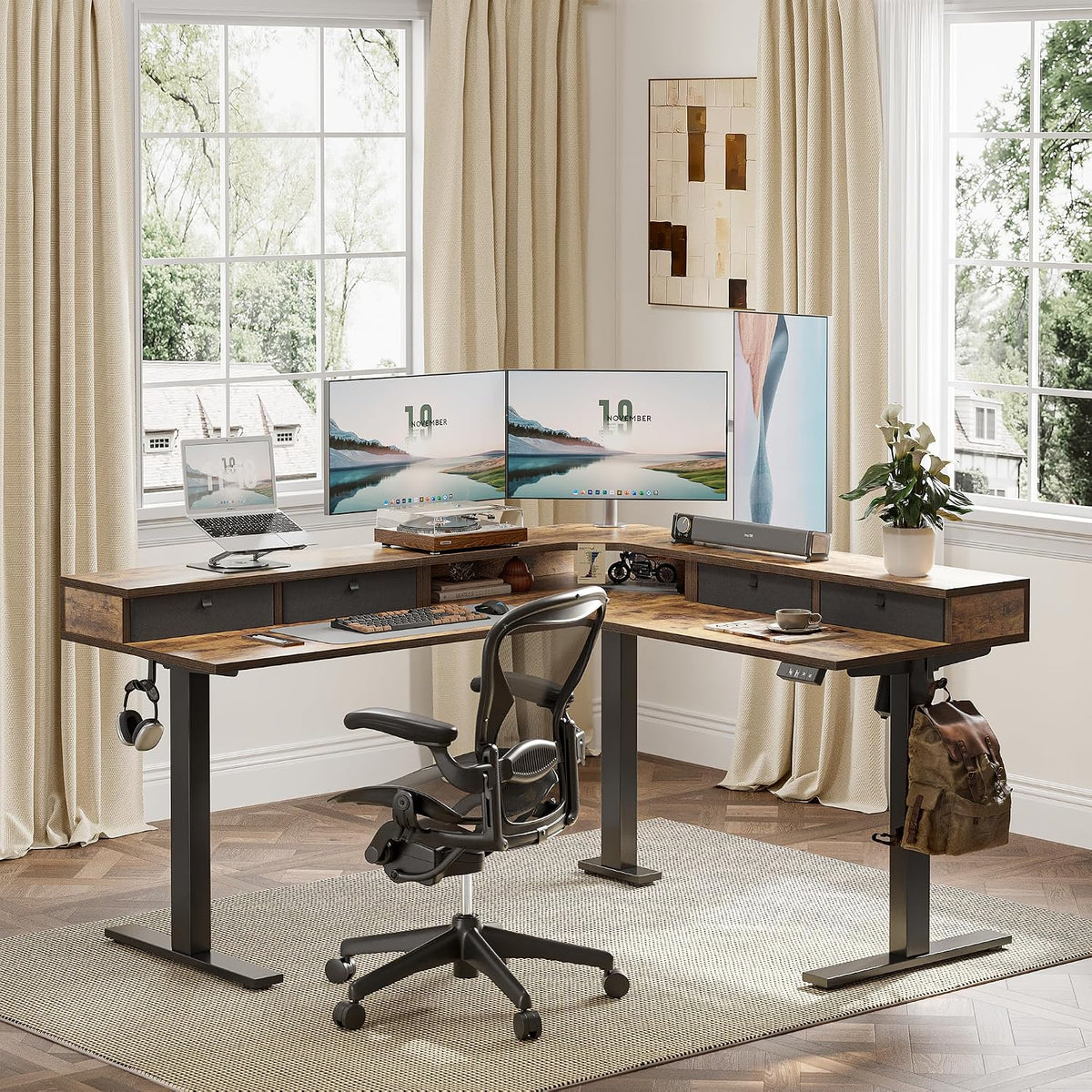 L Shaped 63 X 55 Inch Standing Desk Adjustable Height, Electric Corner Standing Desk with 4 Drawers and Upper Shelf, Sit Stand Computer Table with Splice Board, Rustic Brown