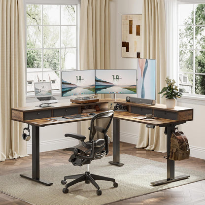 L Shaped 63 X 55 Inch Standing Desk Adjustable Height, Electric Corner Standing Desk with 4 Drawers and Upper Shelf, Sit Stand Computer Table with Splice Board, Rustic Brown