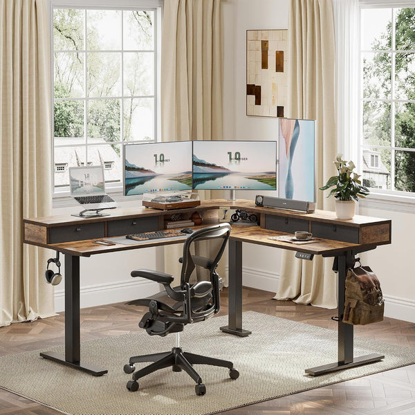 63" × 55" L-Shaped Electric Standing Desk with 4 Drawers & Upper Shelf – Rustic Brown