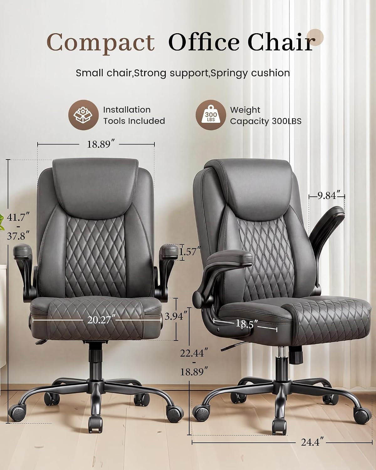 Mid-Back Office Chair, Ergonomic PU Desk Chair with Flip up Arms, Small Computer Gaming with Comfy Lumbar Support,Rocking Function,Sturdy Metal Base, Grey