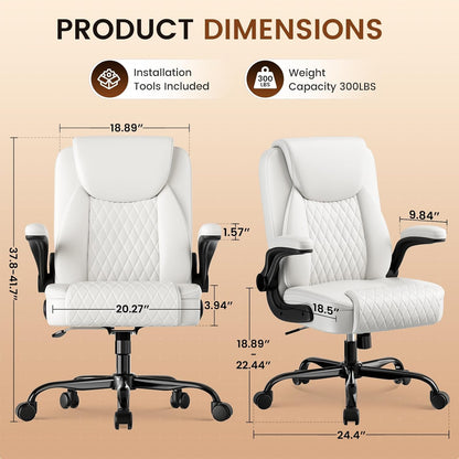 Comfy Office Chair, Home Desk Chair with Flip-Up Armrests and Ergonomic Back - Heavy Duty PU Leather Executive Chair for Office Gaming, White
