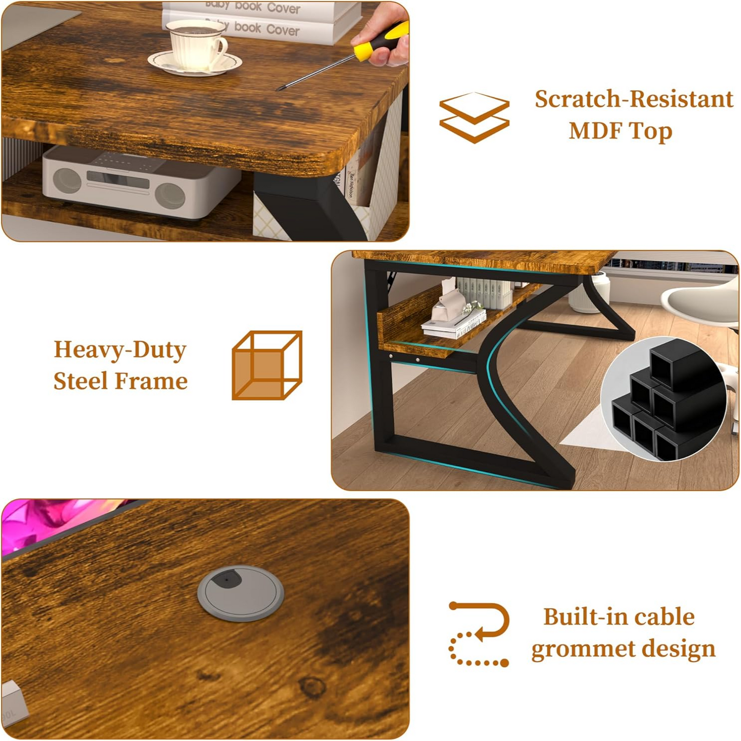 47 Inch Computer Desk, Home Office Desk with Storage Shelf, Sturdy U-Shaped Metal Frame Study Table with Cable Management, Gaming Desk for Office & Bedroom, Rustic Brown