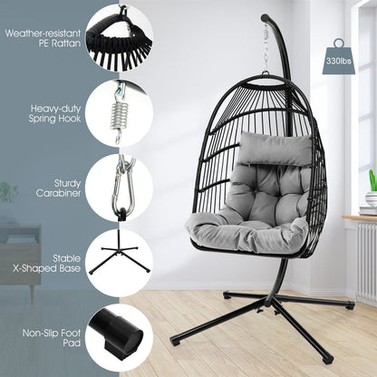 Hanging Egg Chair with Stand, Folding Basket & Waterproof Cover – Gray