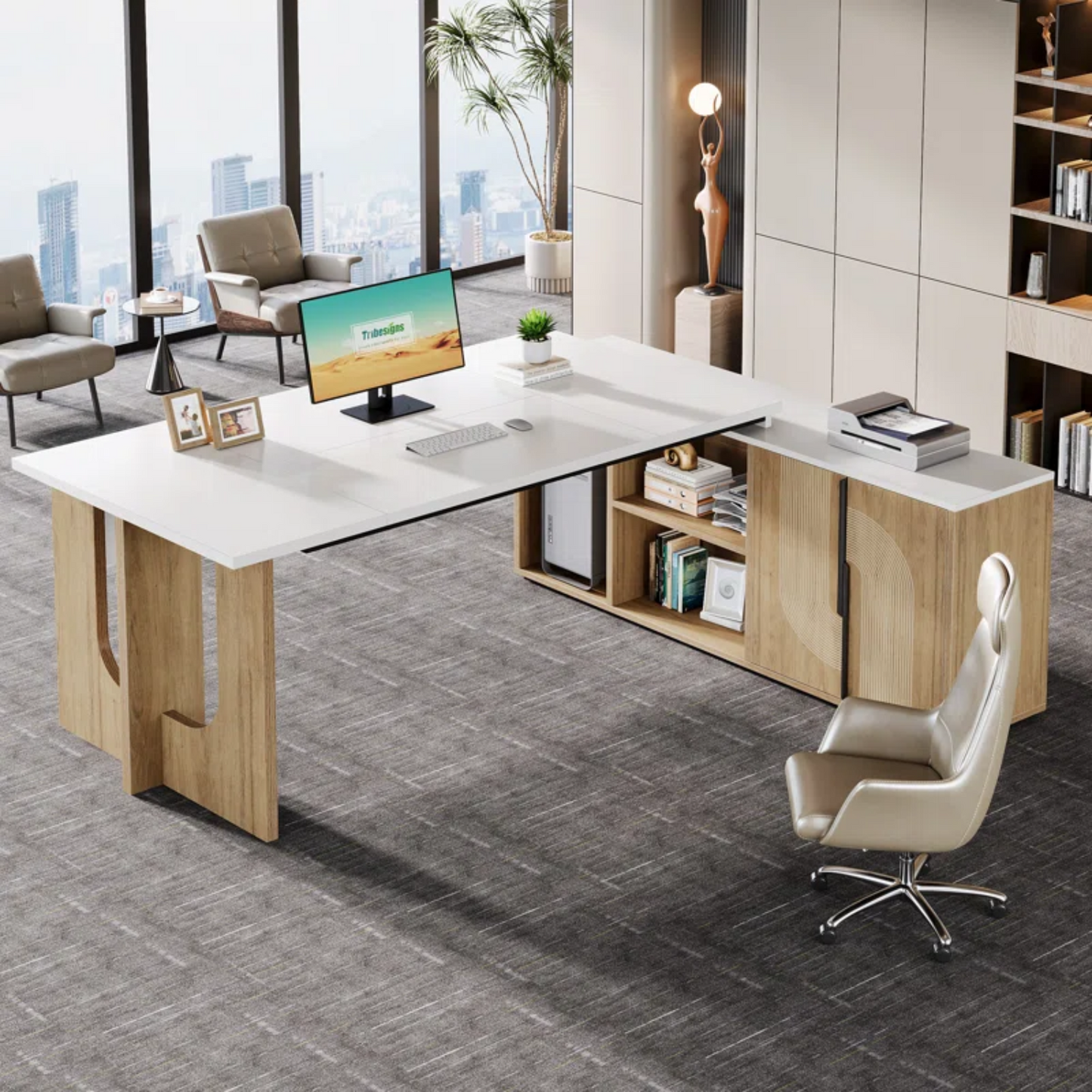 74.8" Executive Desk, Large Office Desk with Cabinet, L Shaped Computer Desk Business Furniture Workstation Set