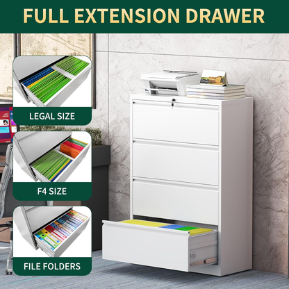 4 Drawer Lateral File Cabinet with Lock, Metal File Cabinets for Home Office, Steel Heavy-Duty Filing Storage Cabinet for Letters/Legal/A4 (Require Assembly, White)