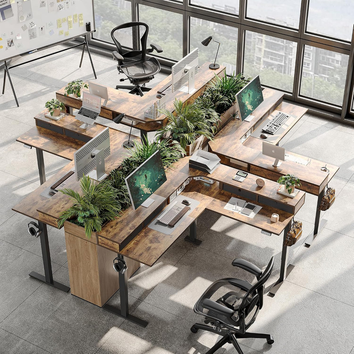 L Shaped 63 X 55 Inch Standing Desk Adjustable Height, Electric Corner Standing Desk with 4 Drawers and Upper Shelf, Sit Stand Computer Table with Splice Board, Rustic Brown