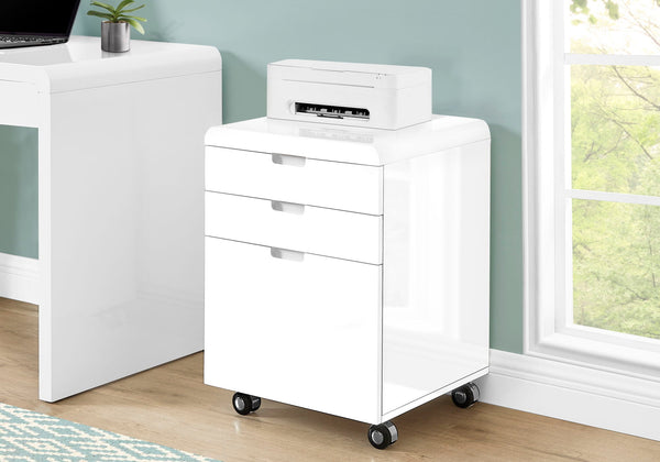 Modern Rolling File Cabinet with Storage Drawers & Printer Stand – Glossy White