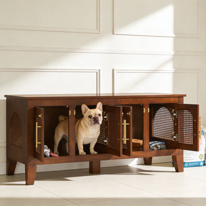 Rattan Dog Crate Cabinet with Rubber Wood Frame - Natural Finish