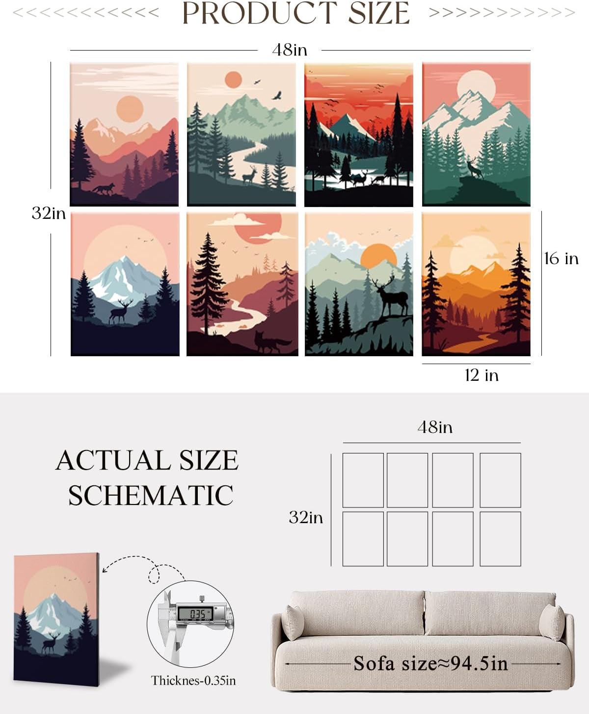 Acoustic Art Wall Panels for Bedroom, Recording Studio, TV, Podcast, 48X32In, Mountain Forest Illustration Wall Decor, Soundproof Sound Absorbing, 8Pcs