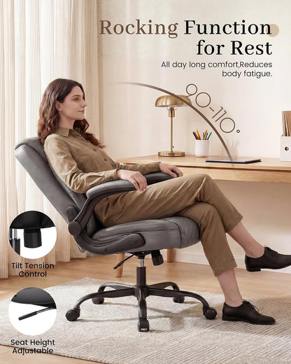 Mid-Back Office Chair, Ergonomic PU Desk Chair with Flip up Arms, Small Computer Gaming with Comfy Lumbar Support,Rocking Function,Sturdy Metal Base, Grey