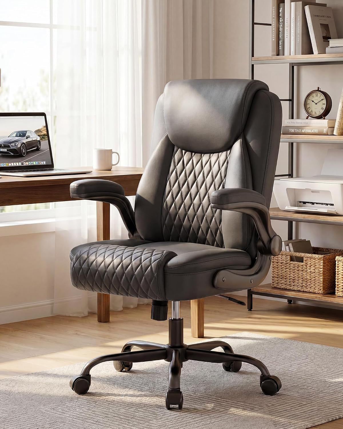 Mid-Back Office Chair, Ergonomic PU Desk Chair with Flip up Arms, Small Computer Gaming with Comfy Lumbar Support,Rocking Function,Sturdy Metal Base, Grey