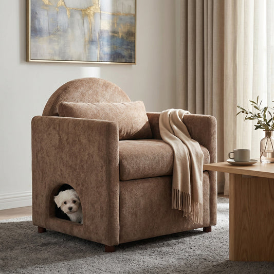 Coffee Pet Friendly Accent Chair with Hidden Pet Nook - Acacia Wood