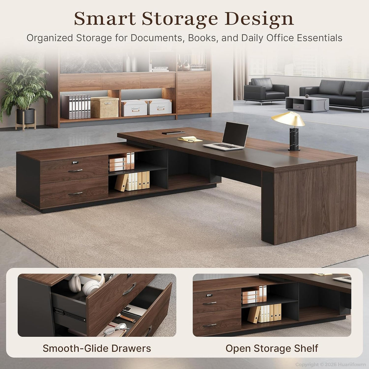 63" Reversible L-Shaped Executive Desk with Power Outlets and Drawers