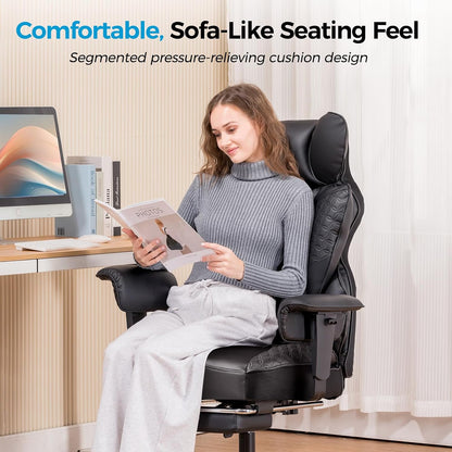 Big and Tall Office Chair Heavy Duty Wide Ergonomic Gaming Chair with Deluxe Embossing Designed Leather with Foot Rest, 145°Reclining Adjustable Armrests Pocket Spring Back Support and Pillow