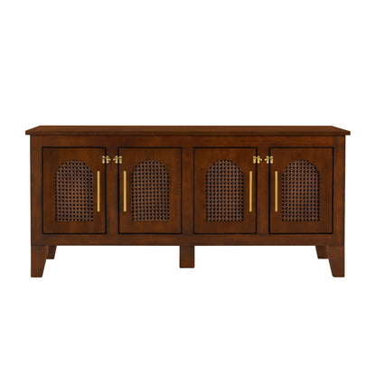 Rattan Dog Crate Cabinet with Rubber Wood Frame - Natural Finish
