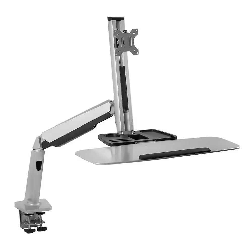 26 In. Silver Workstation for Monitor, Keyboard, Height Adjustable Standing Desk Mount W/Monitor Mount and Keyboard Tray