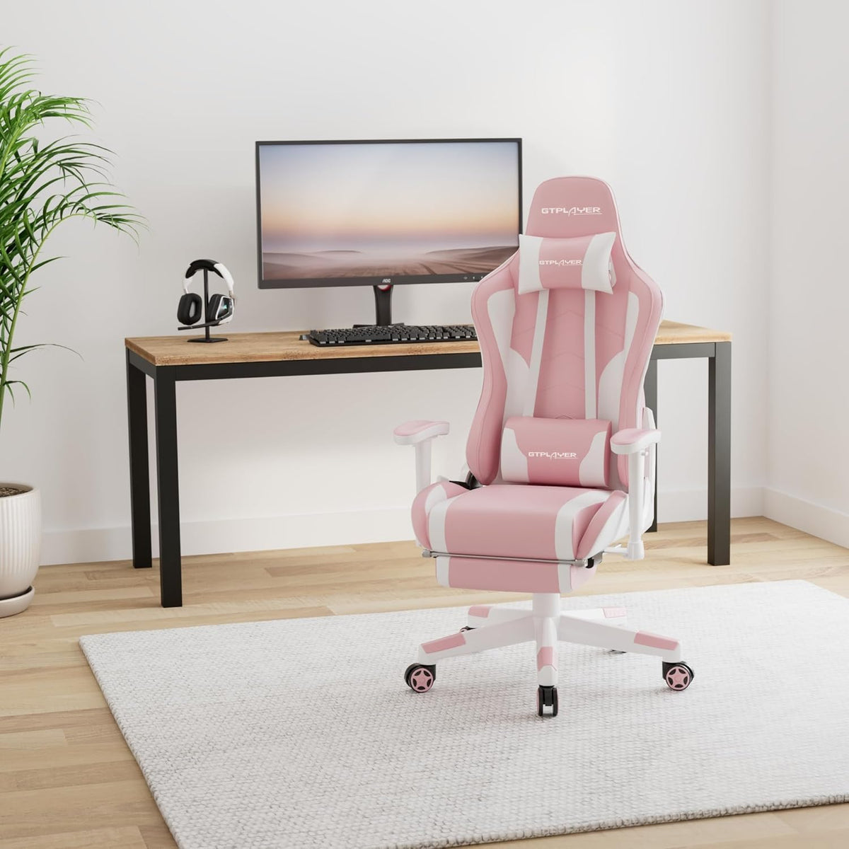 Gaming Chair with Footrest, Ergonomic Computer Game Desk Chair, Reclining Gamer Chair Seat Height Adjustment, Swivel Rocker with Headrest and Lumbar (Pink)
