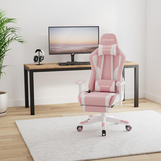 Gaming Chair with Footrest, Ergonomic Computer Game Desk Chair, Reclining Gamer Chair Seat Height Adjustment, Swivel Rocker with Headrest and Lumbar (Pink)