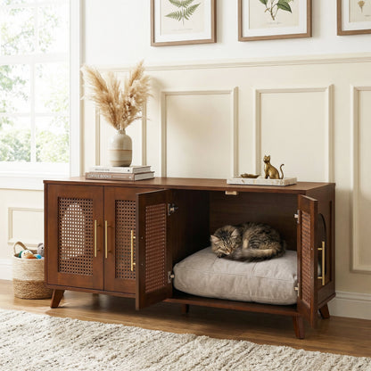 Rubber Wood Cat Cabinet with Cozy Cushion - Natural Finish
