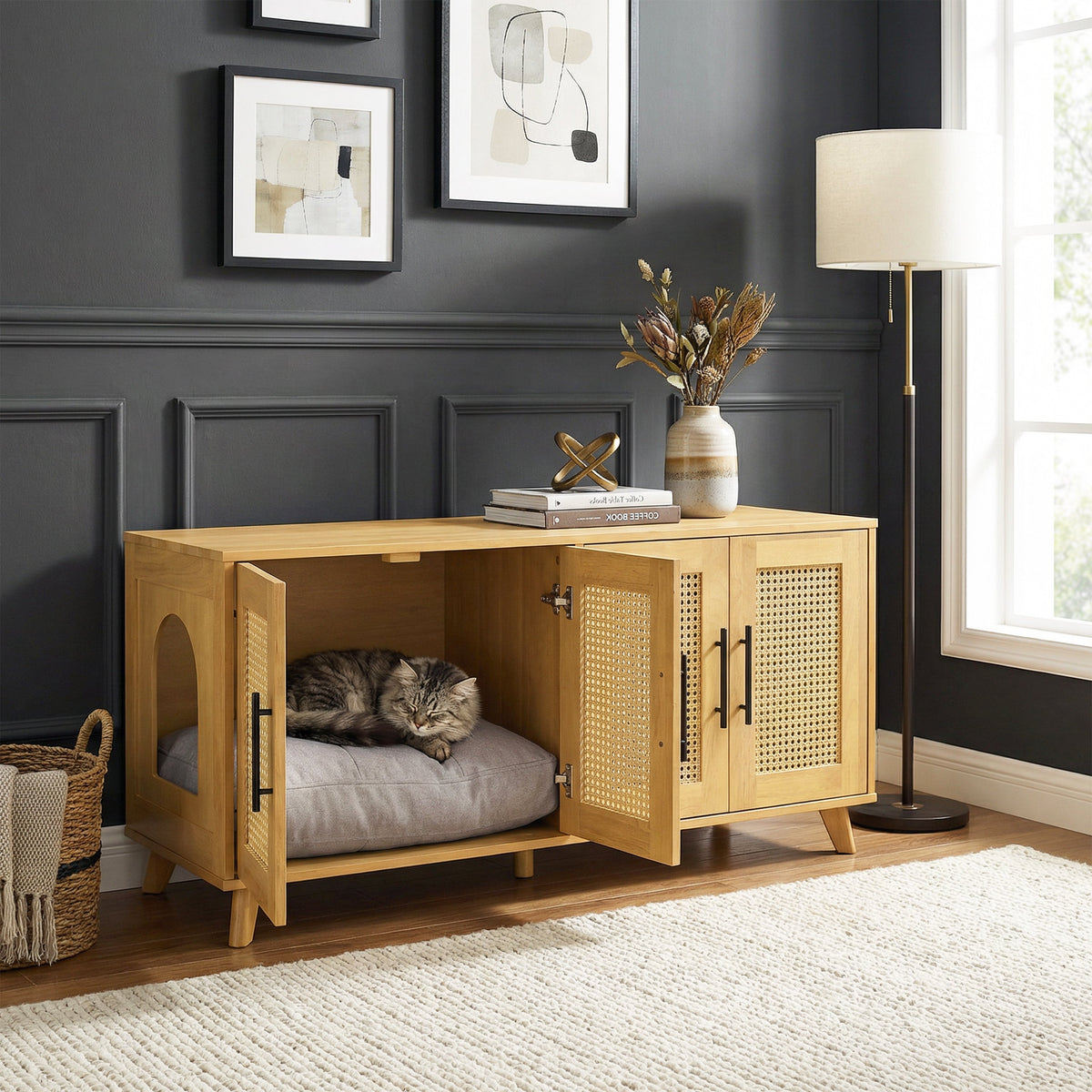 Rubberwood Cat Cabinet with Plush Cushion & Rattan Doors – Natural