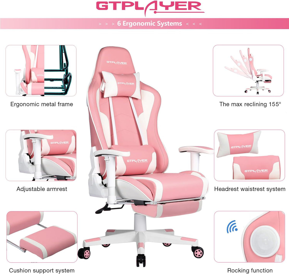 Gaming Chair with Footrest, Ergonomic Computer Game Desk Chair, Reclining Gamer Chair Seat Height Adjustment, Swivel Rocker with Headrest and Lumbar (Pink)