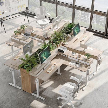 L Shaped 63 X 55 Inch Standing Desk Adjustable Height, Electric Corner Standing Desk with 4 Drawers and Upper Shelf, Sit Stand Computer Table with Splice Board, Maple