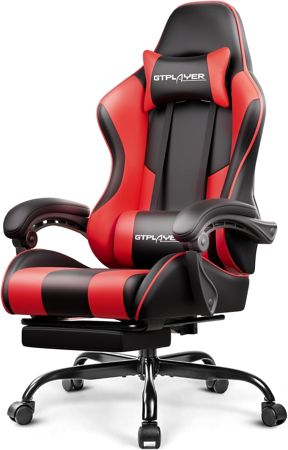 Gaming Chair, Computer Chair with Footrest and Lumbar Support, Height Adjustable Game Chair with 360°-Swivel Seat and Headrest and for Office or Gaming (Faux Leather, Red)
