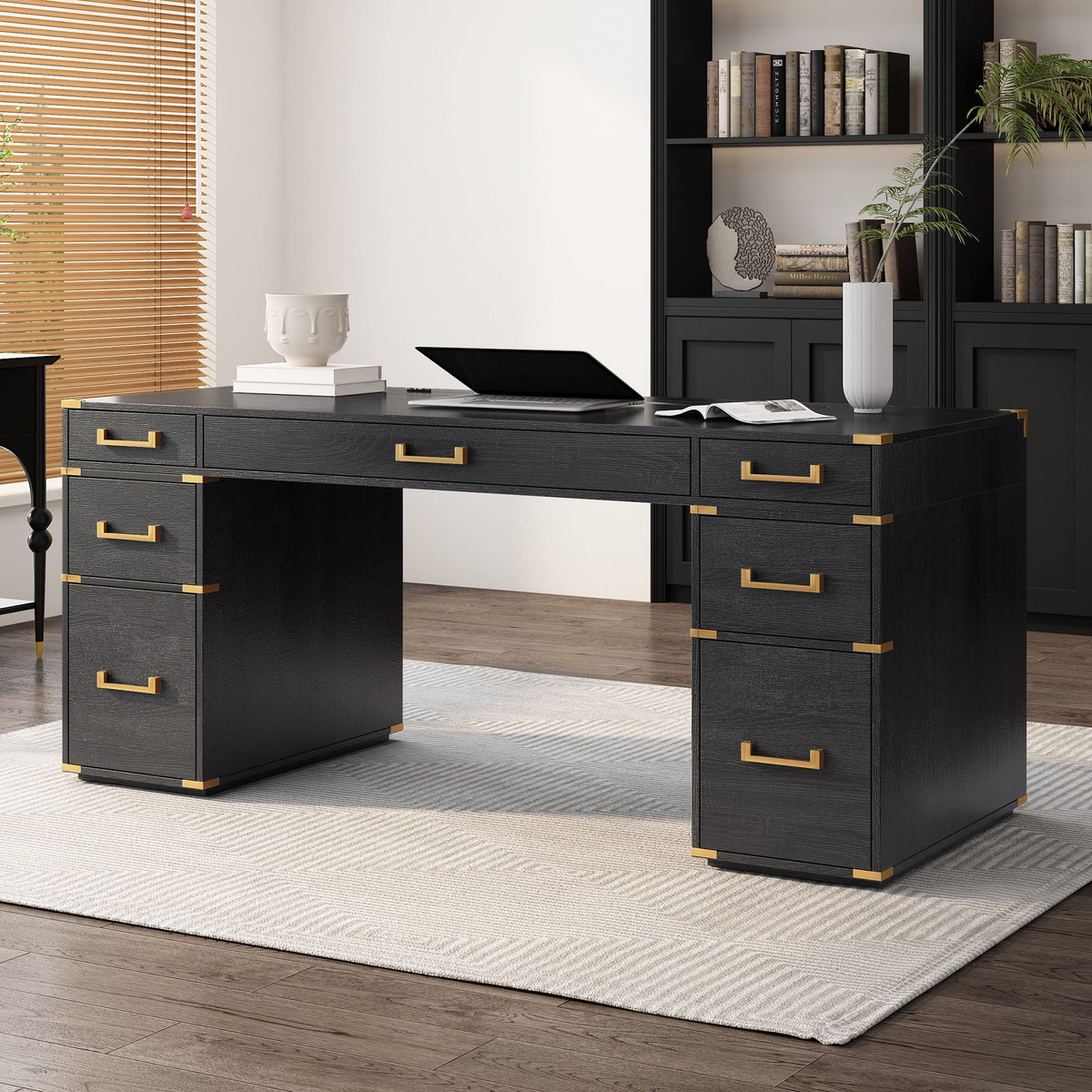 70" Traditional Executive Desk with Metal Trim, 2 File Drawers & USB/Power Outlets – Black