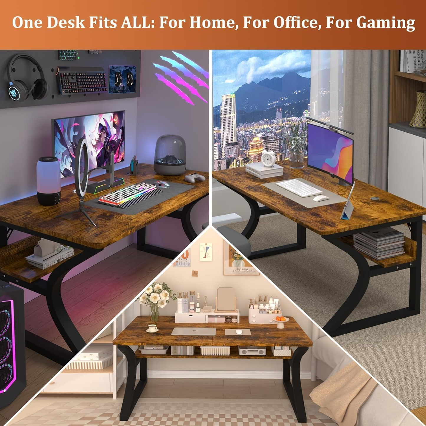 47 Inch Computer Desk, Home Office Desk with Storage Shelf, Sturdy U-Shaped Metal Frame Study Table with Cable Management, Gaming Desk for Office & Bedroom, Rustic Brown
