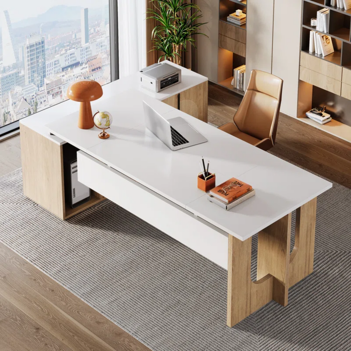 74.8" Executive Desk, Large Office Desk with Cabinet, L Shaped Computer Desk Business Furniture Workstation Set