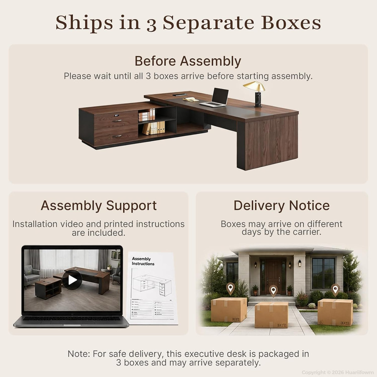 63" Reversible L-Shaped Executive Desk with Power Outlets and Drawers