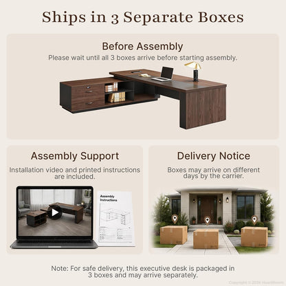 63" Reversible L-Shaped Executive Desk with Power Outlets and Drawers