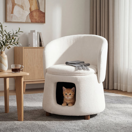 Beige Pet Friendly Chair with Hidden Pet Nook and Storage Seat - Beige