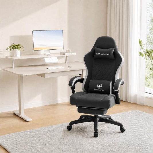 Gaming Chair, Computer Office Chair with Pocket Spring Cushion, Linkage Armrests and Footrest, High Back Ergonomic Computer Chair with Lumbar Support Task Chair with Footrest(Black)