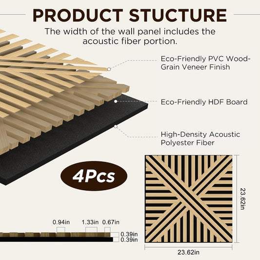 Acoustic Wall Panels, Decorative Acoustic Panels for Walls 23.6"X23.6", Sound Absorbing Wood Wall Panels for Interior Wall Decor, PVC Wood Grain HDF Acoustic Panels (White Oak, 4 Pack)